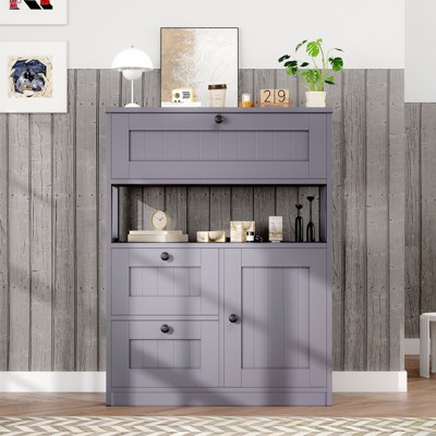 Hyleory Cabinet Wooden Storage Organizer with 1 Door and 3 Drawers, Free-Standing Cupboard for Kitchen/Living Room/Bathroom Use,Grey