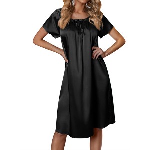Ekouaer Women's Satin Silk Pleated Nightgown Loose Sleepwear Printed Nightshirt Short Sleeve Sleep Dress Black XL