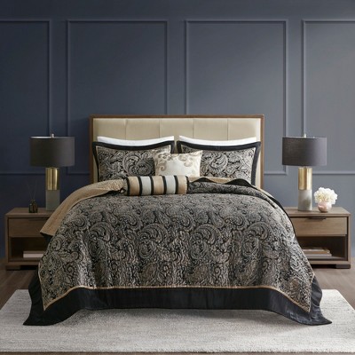 5Pcs Bedspread Set Classic Traditional Jacquard Paisley Motif Reversible Cotton Filled