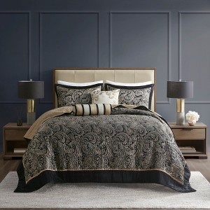 5Pcs Bedspread Set Classic Traditional Jacquard Paisley Motif Reversible Cotton Filled - 1 of 4