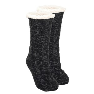 Elanze Designs Black Simple Knit Womens One Size Plush Lined Non Skid Indoor Slipper Socks - 1 of 4