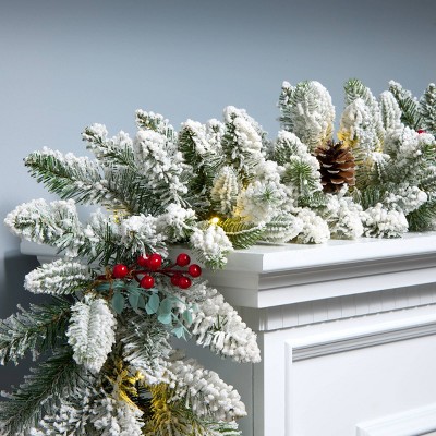 National Tree Company 9' Prelit Feel Real Snowberry Pine Artificial Garland with Red Berries 50 Warm White