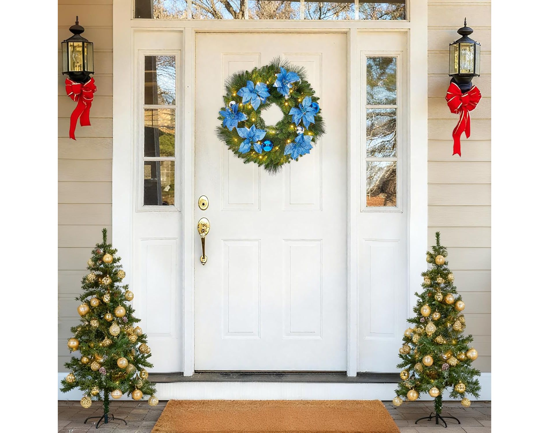 24" Pre-Lit Christmas Wreath with Berries Pinecones Poinsettia Flowers Lighted Artificial Christmas Wreath for Home Indoor Outdoor Decorations