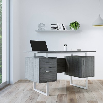 Sleek Modern Gray MDF Office Desk with Drawers and Filing Cabinet