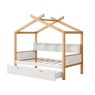 VYNXARIA White Twin Size Wooden House Bed with Storage：Features Two Drawers and Bookshelf Storage