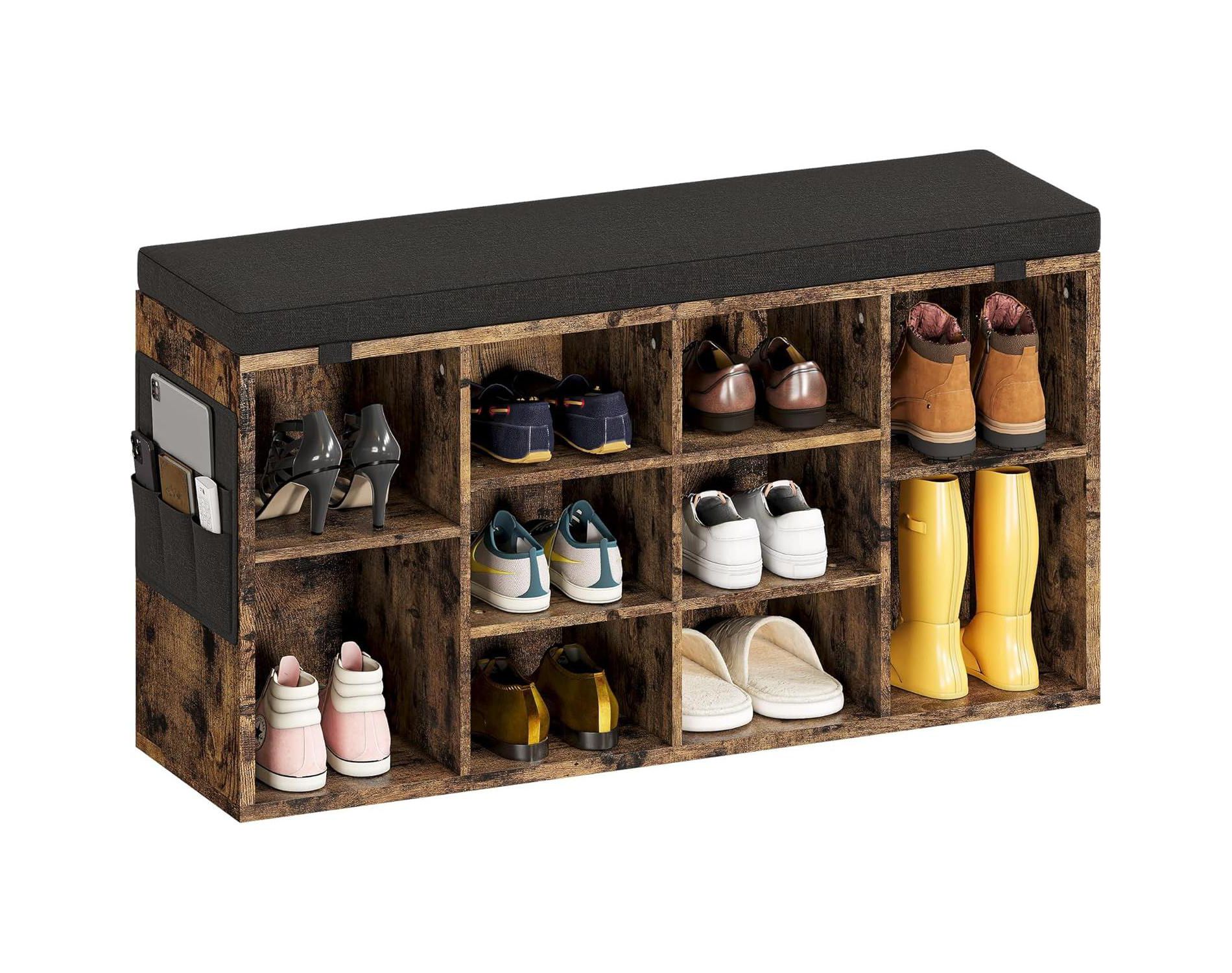 coucheta Shoe Bench with Padded Seat, Shoe Storage Bench with Adjustable Shelves & Side Pockets, 5/10 Cubes Storage Organizer for Entryway
