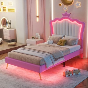 Single Dimension Upholstered Bed Frame with LED Lights, Modern Princess Bed with Crown Headboard and Drawer. - 1 of 4