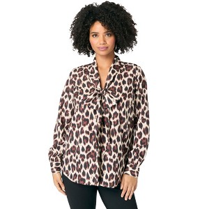Roaman's Women's Plus Size Long Sleeve Bow Blouse - 1 of 4