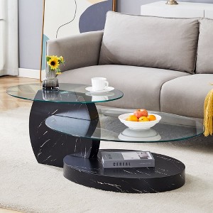 PAGED Modern Wood Grain Nesting Design Oval Coffee Table with Glass Top,2-Layer Tea table Center Table for Living Room,Bedroom - 1 of 4