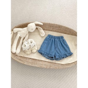 MyKids-USA Summer Baby Girl Solid Color Ruffle Trim Denim Shorts - 1 of 4