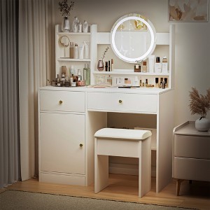 KTMBDW Dressing Table, Makeup Table with Drawers, Vanity Desk with Mirror and LED Lights, 3 Lighting Modes, Makeup Writing Desk for Bedroom, White - 1 of 4