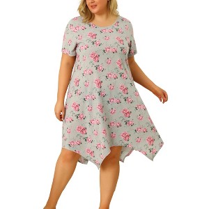 Agnes Orinda Women's Plus Size Floral Irregular Hem Crew Neck Short Sleeve Cute Midi Nightgowns - 1 of 4