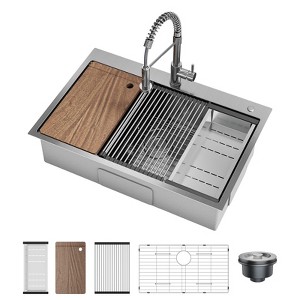 Drop In Kitchen Sink,Stainless Steel Kitchen Single Bowl Sinks, Modern Top Mount 16 Gauge Workstation Sink- with Pull-Down Faucet for Bar - 1 of 4