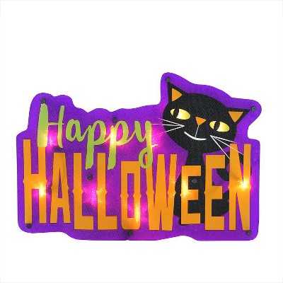 Impact Innovations 16.5" Prelit "Happy Halloween" Cat Halloween Window Silhouette Decoration - Purple/Orange