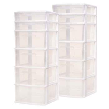 Homz Plastic 6 Clear Drawer Medium Home Organization Storage Container Tower with 4 Large Drawers and 2 Small Drawers, White Frame (2 Pack)