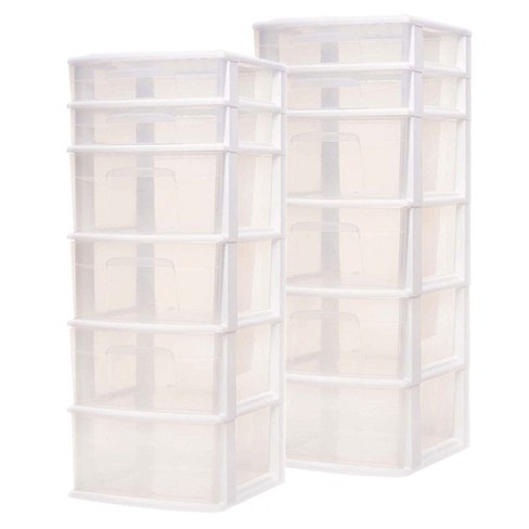 Homz Plastic 6 Clear Drawer Medium Home Organization Storage Container  Tower With 4 Large Drawers And 2 Small Drawers, White Frame (2 Pack) :  Target