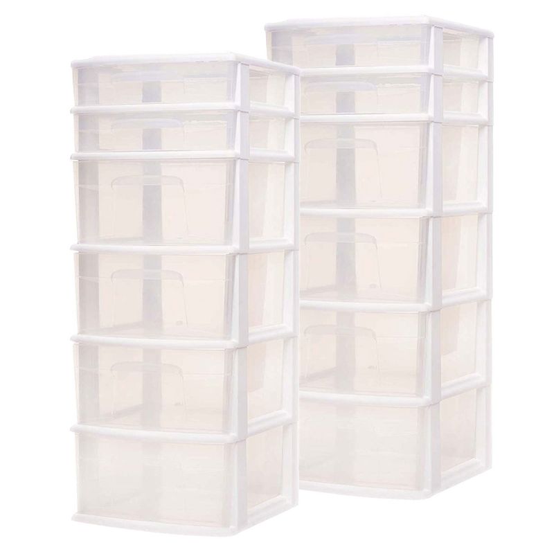 Homz Plastic 6 Clear Drawer Medium Home Organization Storage Container Tower with 4 Large Drawers and 2 Small Drawers, White Frame (2 Pack), 1 of 7