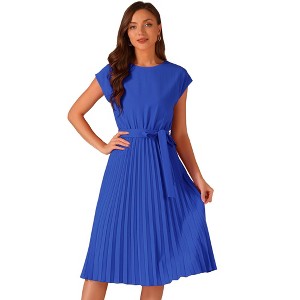 Allegra K Women's Pleated Crew Neck Cap Sleeve Tie Waist A-Line Dresses - 1 of 4