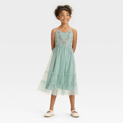 Zenzi Girls' Embroidered Dress - Sage Green