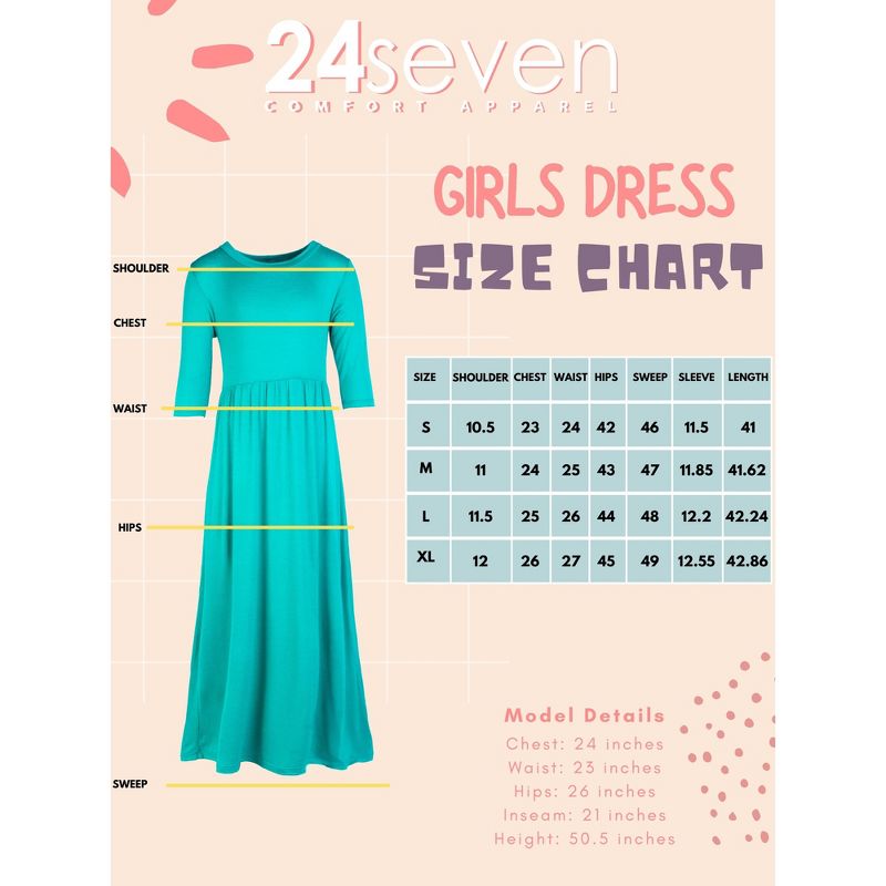24seven Comfort Apparel Girls Three Quarter Sleeve Pleated Maxi Dress, 4 of 5