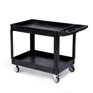 Large Heavy Duty Plastic Utility Service Cart Flat top, Work Cart Flat Shelves Holds up to 550 lbs - 2 Tier Service Cart with 360°Swivel Wheels Black - 1 of 4