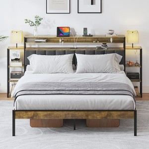 NicBex Queen Upholstered Bed Frame with LED and Charging Station,Velvet Headboard with Bookcase Shelves,No Box Spring Needed,Gray/Brown - 1 of 4