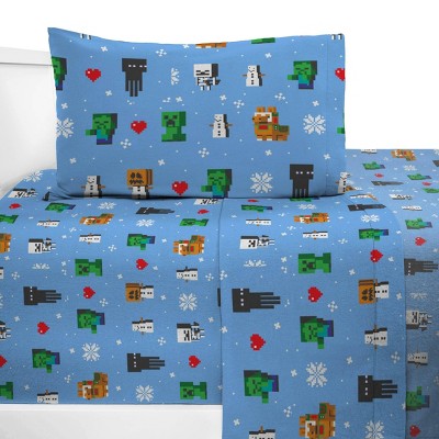 Brandclub - Twin Minecraft Snowflakes Mobs Flannel Kids' Sheet Set