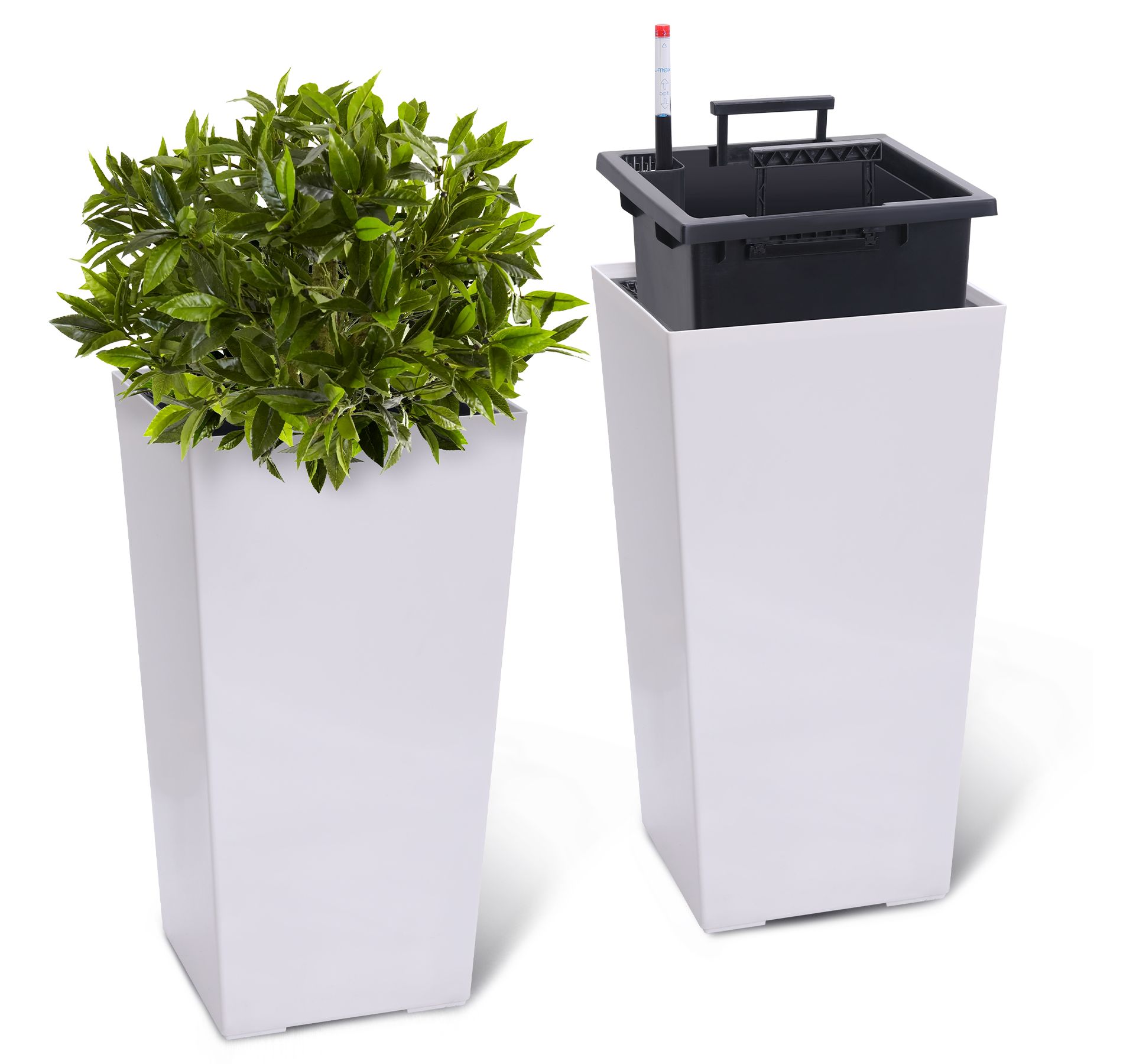 Garvee 23" Tall Planters Set of 2, Modern Plant Pots with Drainage Holes, Water Level Monitor, Inner Bucket, Automatic Watering, White