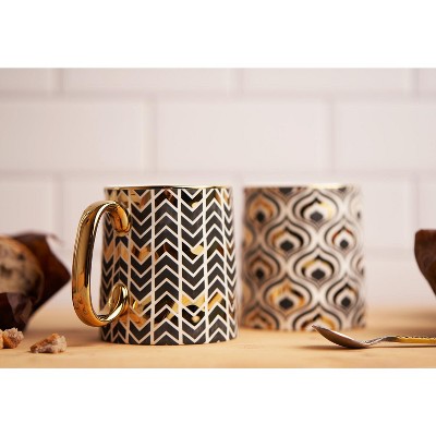 Black and Gold Geometric Ceramic Coffee Mugs, Set of 2