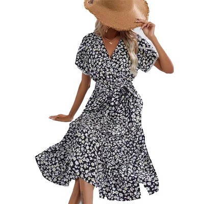 Women Side Slit Midi Sundress Floral V Neck Faux Wrap Summer Casual Dress Smoked Belted Dress Beach Dress Vacation Resorts Outfits
