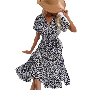 Women Side Slit Midi Sundress Floral V Neck Faux Wrap Summer Casual Dress Smoked Belted Dress Beach Dress Vacation Resorts Outfits - 1 of 4