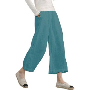 ECUPPER Womens Cotton Cropped Pants Loose Fit Wide Leg Capri Casual Plus Size Elastic Waist Trousers - 1 of 4