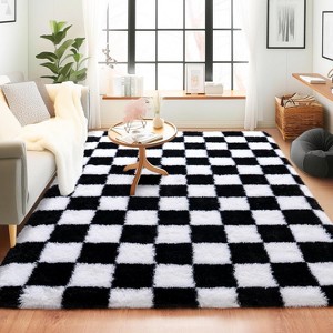 5x7 Feet Checkered Area Rugs For Living Room, Black Modern Super Soft Fluffy Rugs for Bedroom Home Aesthetic Decor - 1 of 4