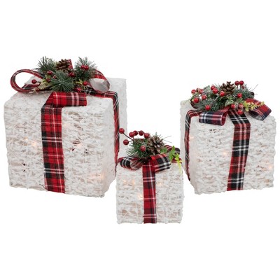 Set of 3 Lighted White and Red Plaid Christmas Gift Boxes