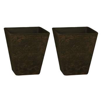 HC Companies 16 Inch Tahoe Indoor and Outdoor Aged Wood and Stone Look Square Planter Pot with Removable Drain Plug, Falcon Brown (2 Pack)