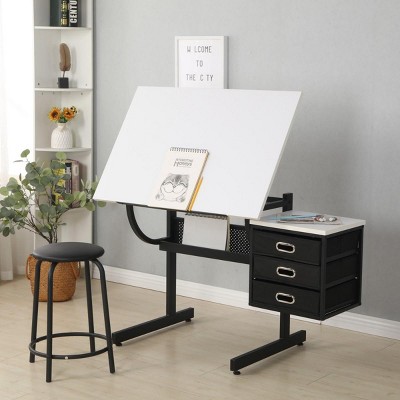 Adjustable Drafting Table with Storage Drawers and Stool, Drawing Desk for Beginners, Students or Artists – The Pop Home