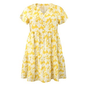 Women's Plus Size Floral Print Dress Button Decor Notch Neck Ruffle Sleeve Pockets Midi Tiered Flowy Summer A Line Dresses - GRACE & GRANDEUR - 1 of 4