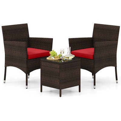 Tangkula 3 PCS Outdoor Conversation Set w/ Cushioned Seat & Tempered Glass Tabletop