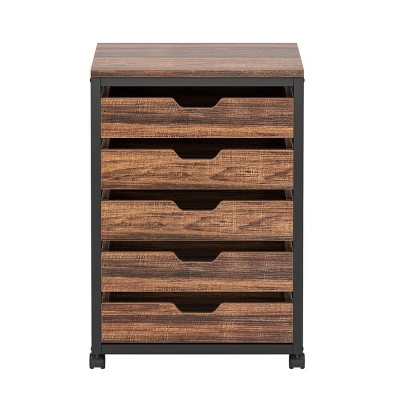 GlasFlength File Cabinets 5 Drawer File Cabinet Rolling Filing Cabinet Mobile File Cabinet for Home Office, Brown, 19.69"*15.75"*30.12"