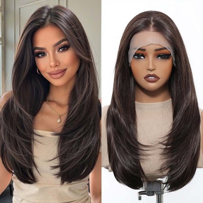 Jessie's Wig 22 Inch Straight Layer Cut Wig Synthetic Hair 13x6 Lace Wigs Black 1 Pc/Pack