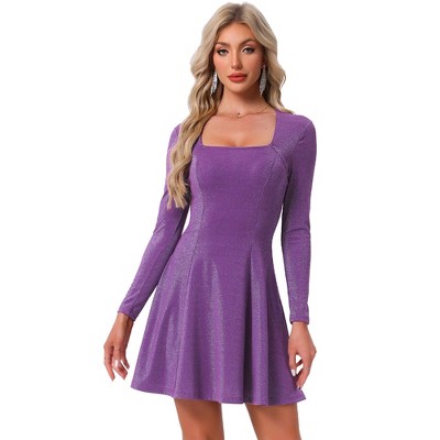 INSPIRE CHIC Women's Sparkly Square Neck Long Sleeve Cocktail Club A-Line Evening Party Dress