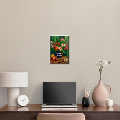 Handcrafted Floral Vase and Fruits Canvas Painting with White Frame