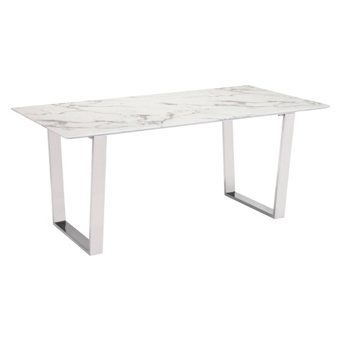 79 in Modern Rectangular White Faux Marble Dining Table with Metal X-Base