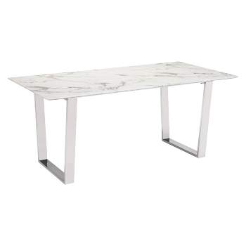 Modern Rectangular Faux Marble Dining Table - Stone, Brushed Stainless Steel - ZM Home