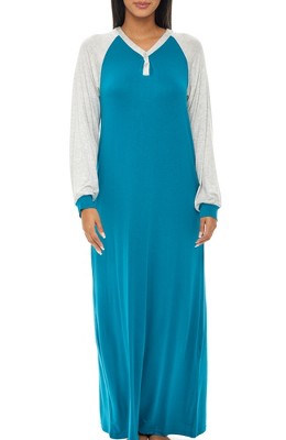 ADR Women's Soft Knit Nightgown, Full Length Long Henley Night Gown Pajamas Raglan Sleep Dress with Pockets