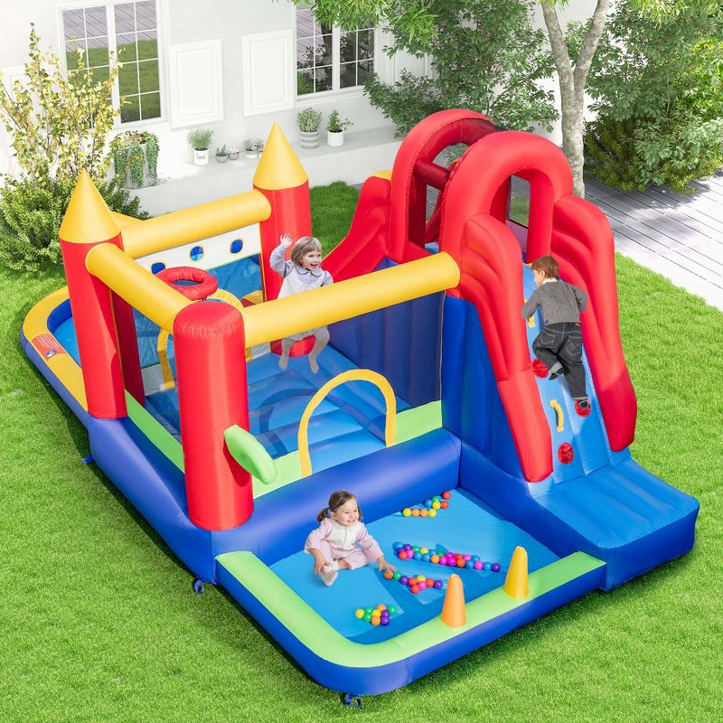 Costway 9-in-1 Inflatable Bounce Castle with Waterslide Splash Pool for 3+ without Blower/with 735W Blower, 4 of 11