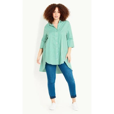 Women's Plus Size Relax Cotton Longline Shirt - aqua stripe | EVANS