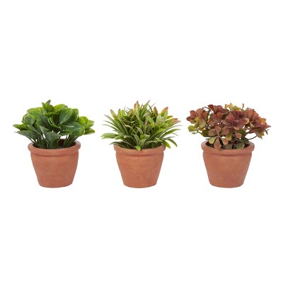 Artificial 6" Tall Greenery Arrangement House Plants in Pots- Round Set of 3, Decorative Faux Indoor Ornamental Potted Foliage by Nature Spring