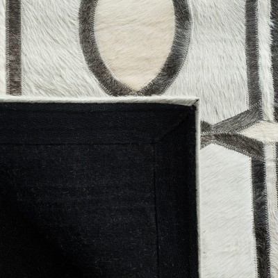 Ivory and Gray Hand-Knotted Geometric Cowhide Rug