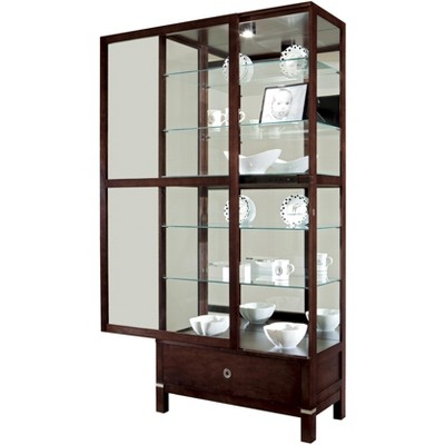 Espresso Traditional Lighted Curio Cabinet with Mirrored Back